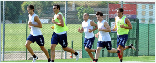 Genoa-players in training for the season 2010-2011, from left to right: Ranocchia, Dainelli, Kharja, Rudolf and Toni